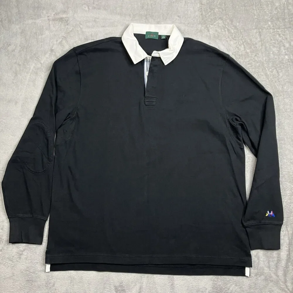 J CREW Rugby Polo Shirt Mens XL Striped placket Black Preppy Blokecore